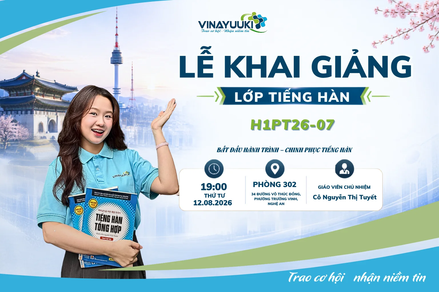 Tuyển sinh lớp tiếng Hàn H1PT26-07: Khai giảng 12/08/2026