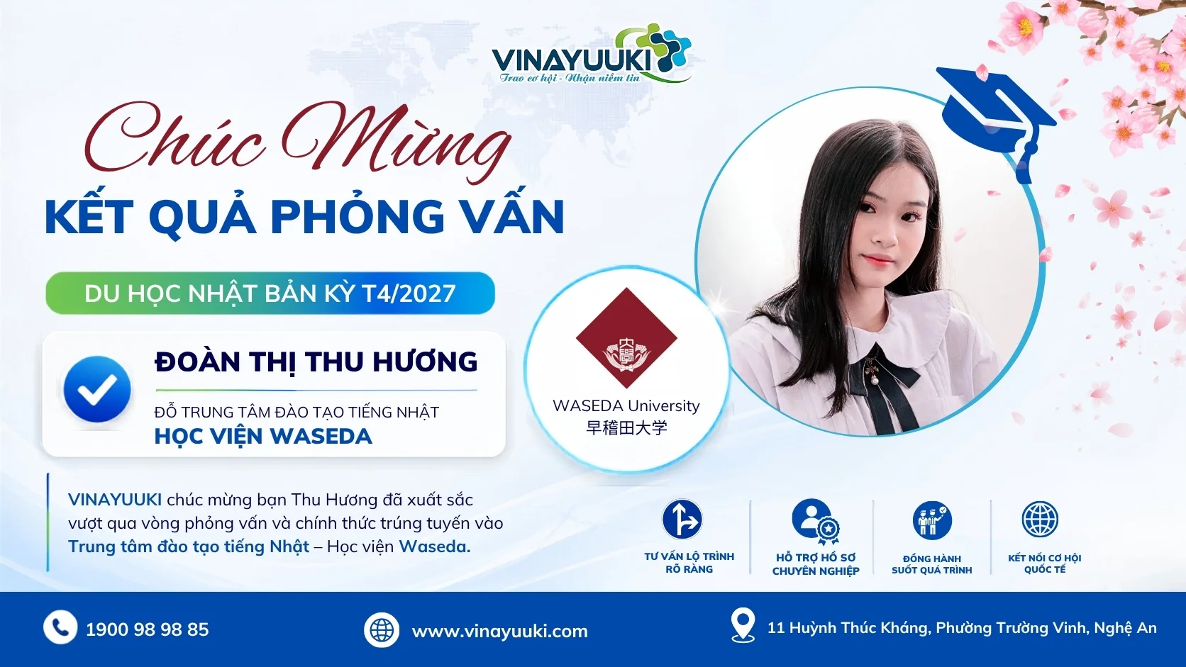 Chúc mừng Đoàn Thị Thu Hương đỗ phỏng vấn du học Nhật Bản kỳ tháng 4/2027 tại Học viện Waseda
